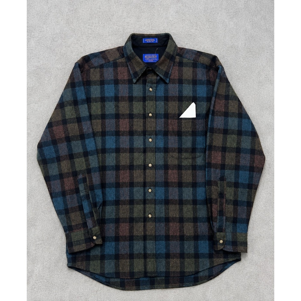 Pendleton Lodge Shirt Men's L Blue Green Plaid Virgin Wool Button Up Flannel USA